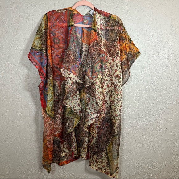 Chicos Womens S Open Front Paisley Kimono Top Chiffon Fairy Boho Sheer Drapey - Picture 1 of 11